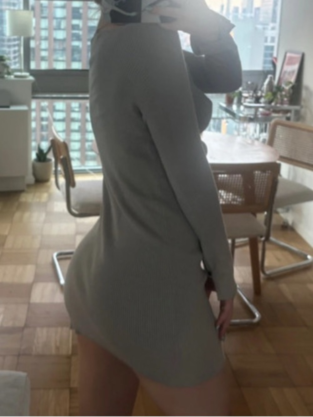 Ribbed Off-Shoulder Bodycon Mini Dress - Taupe - Picture 2 of 3